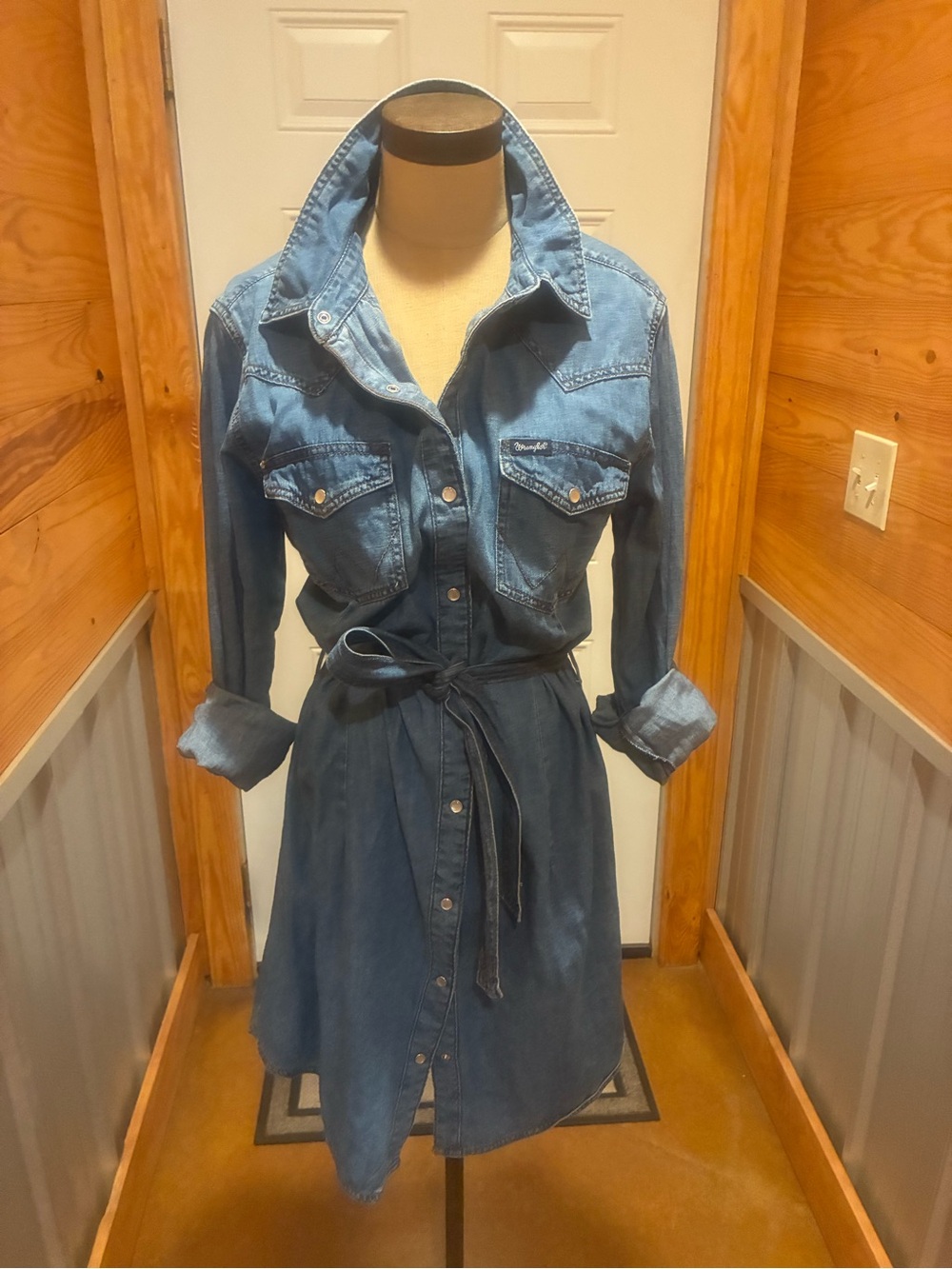 Wrangler Retro Denim Shirt Dress with Tie Waist - Blue